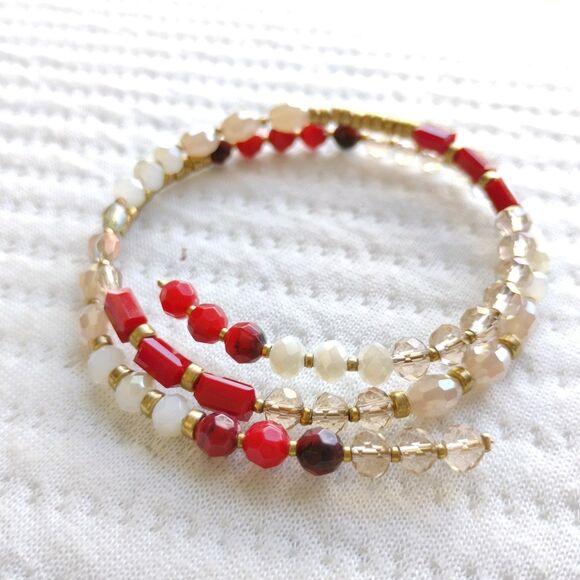 womens Boho bracelet Red/Gold Beaded Memory Wire Wrap White classic preppy - Picture 6 of 6